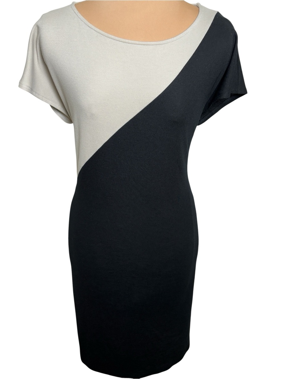 Ronen Chen Black Beige Colorblock Dress Asymmetrical Minimalist Modern Size 8